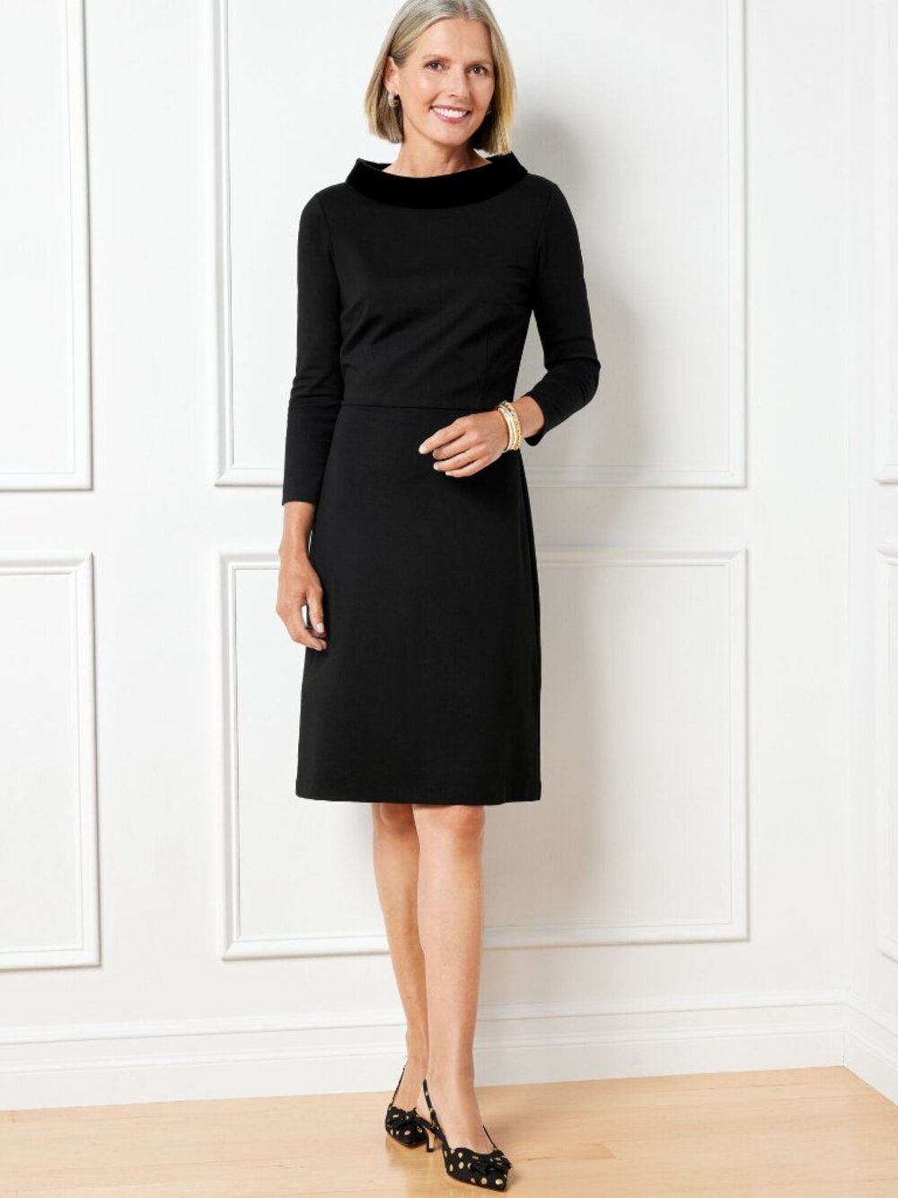 Talbots Black Ponte Dress Velvet Collar, EUC, Size 12